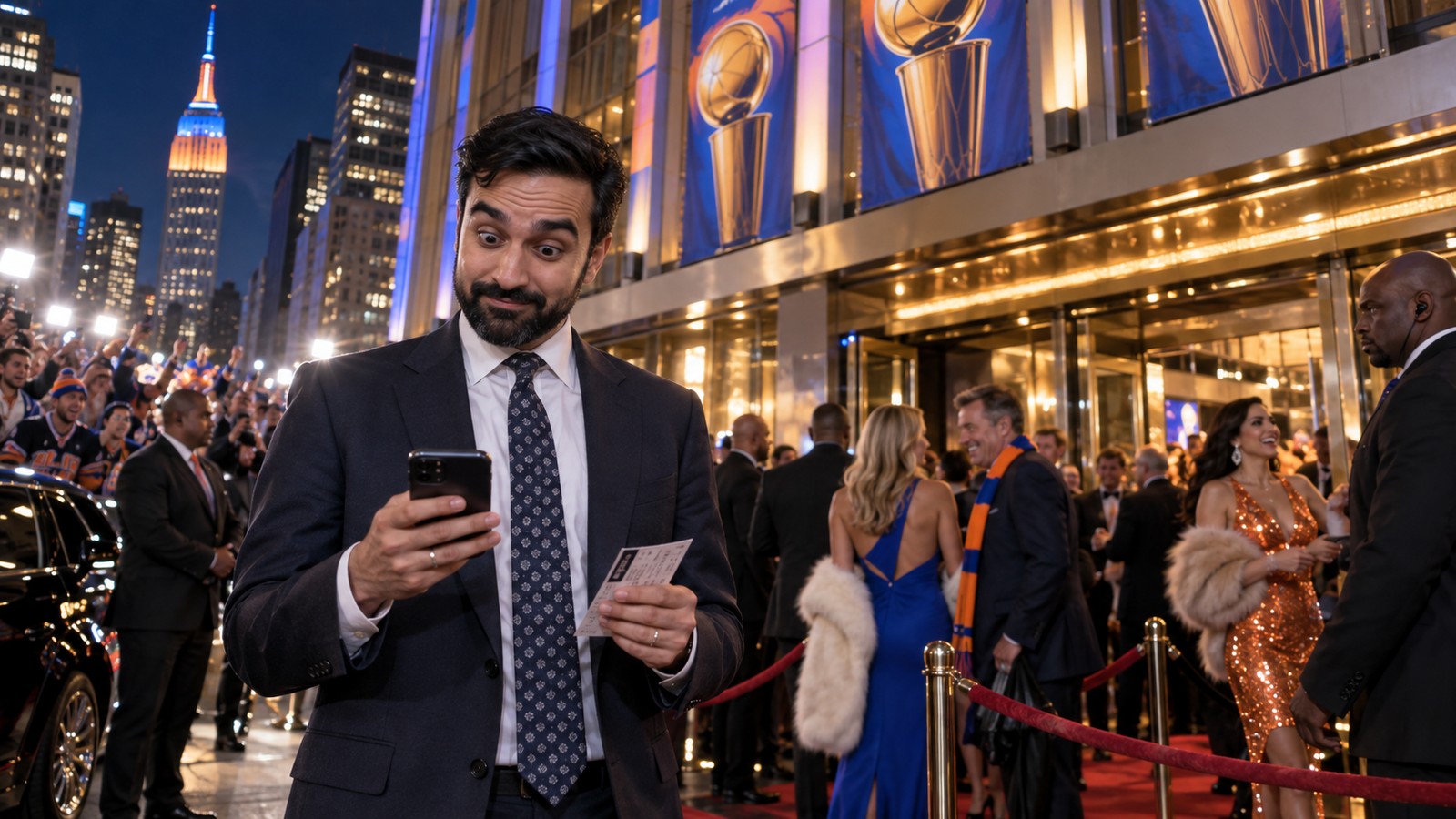 Satirical editorial image of a suited New York mayor checking an expensive ticket outside a glamorous basketball arena.