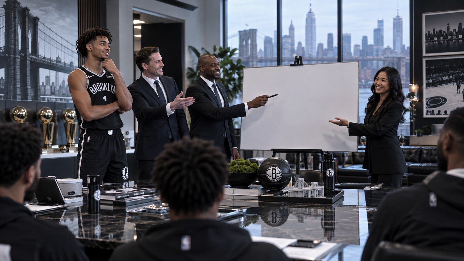 Satirical editorial image of Brooklyn basketball players and executives presenting a completely blank whiteboard during a future-planning meeting.