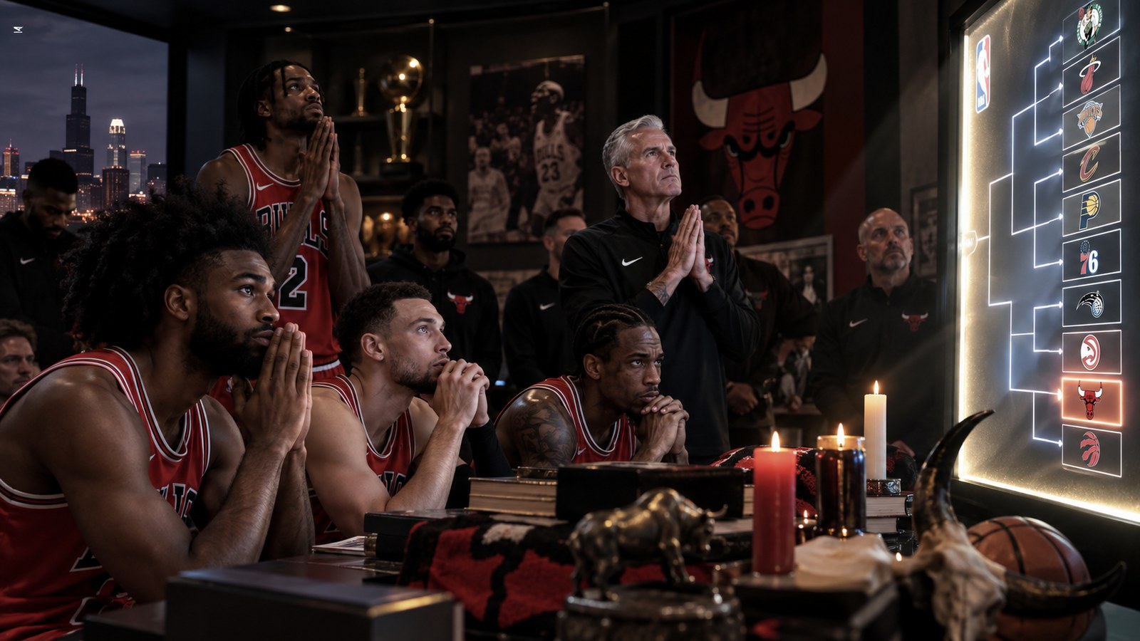 Satirical editorial image of Chicago basketball players and coaches nervously studying an Eastern Conference bracket in a dark strategy room.
