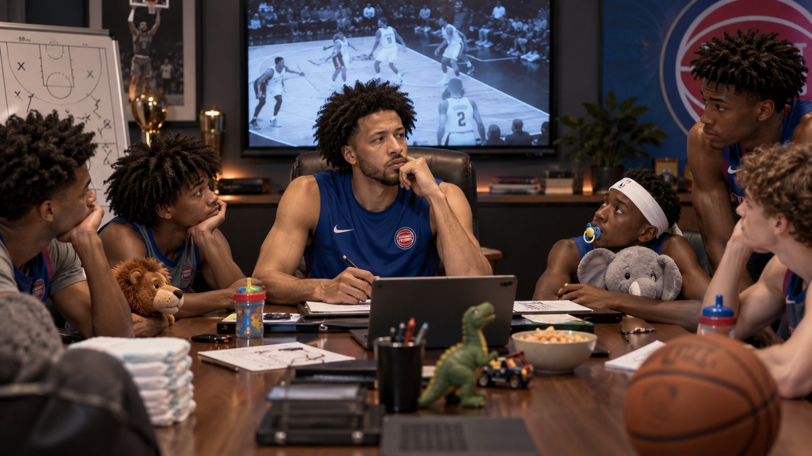 Satirical editorial image of Detroit basketball players studying film in a meeting room filled with toys, notebooks and youth-development props.