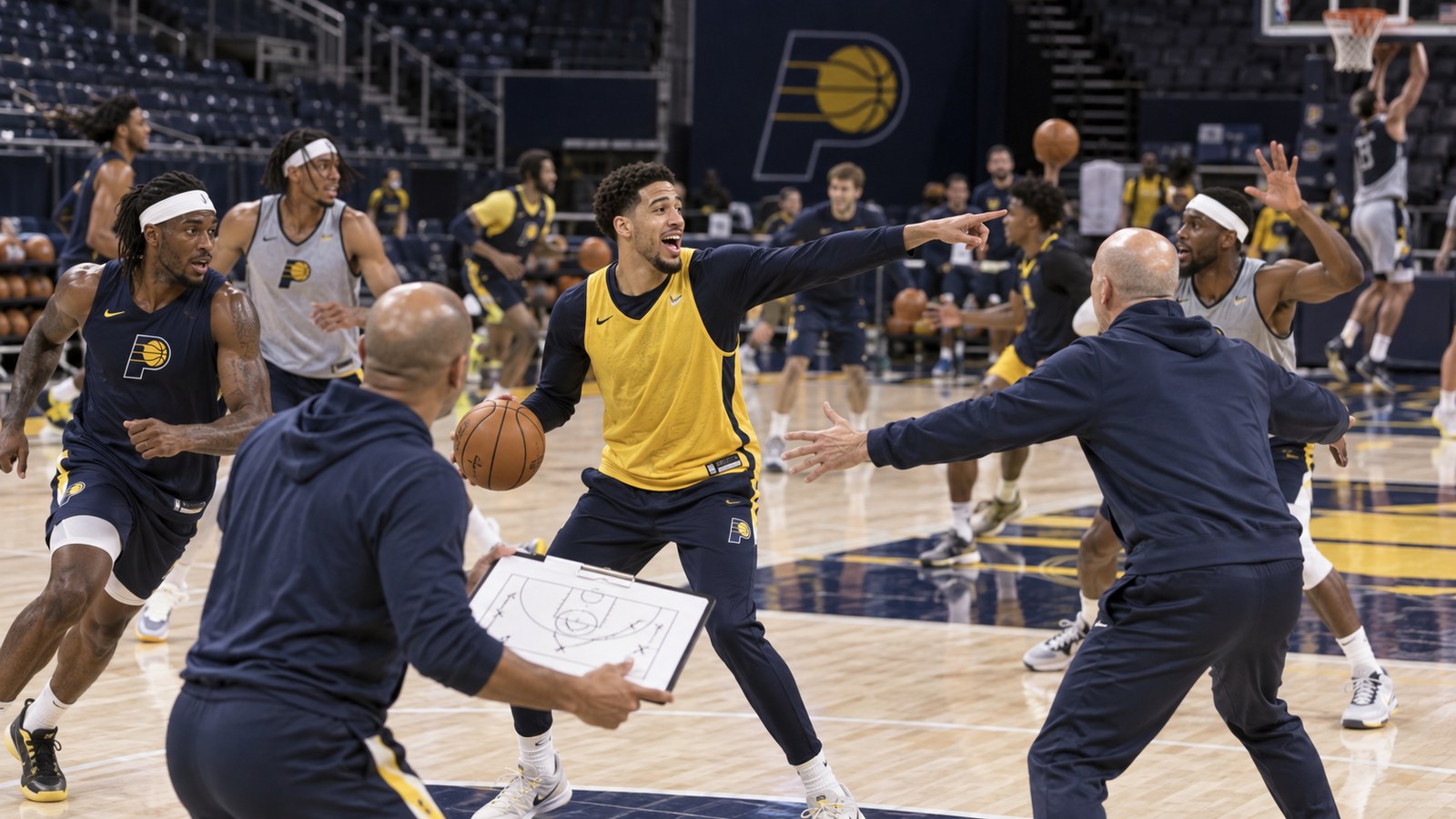 Satirical editorial image of an extremely fast and chaotic Indiana basketball practice with players and coaches pointing in every direction.