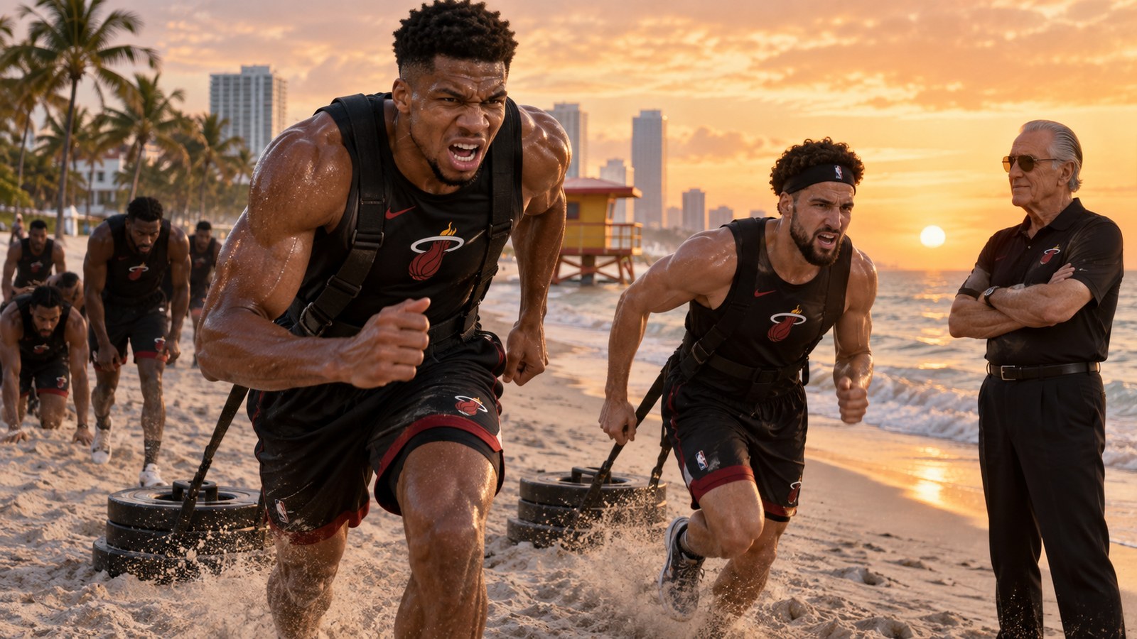 Satirical editorial image of Miami basketball players dragging weighted sleds through beach sand at sunrise while Pat Riley watches.