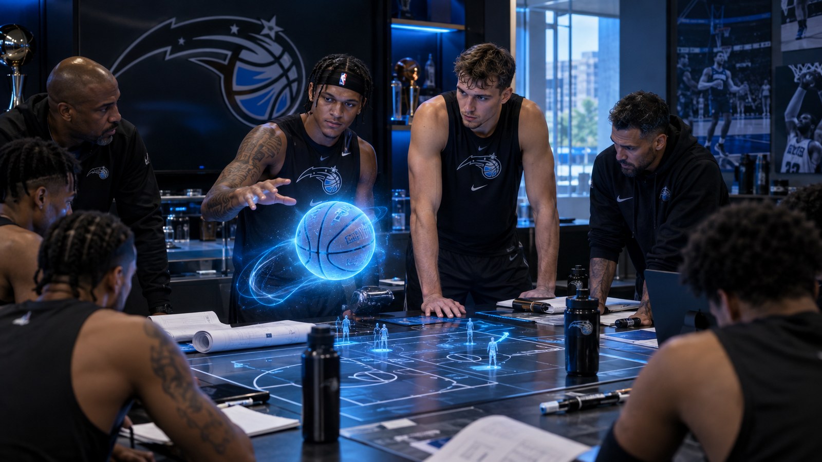Satirical editorial image of Orlando basketball players using a futuristic holographic basketball and digital court to design an offense.