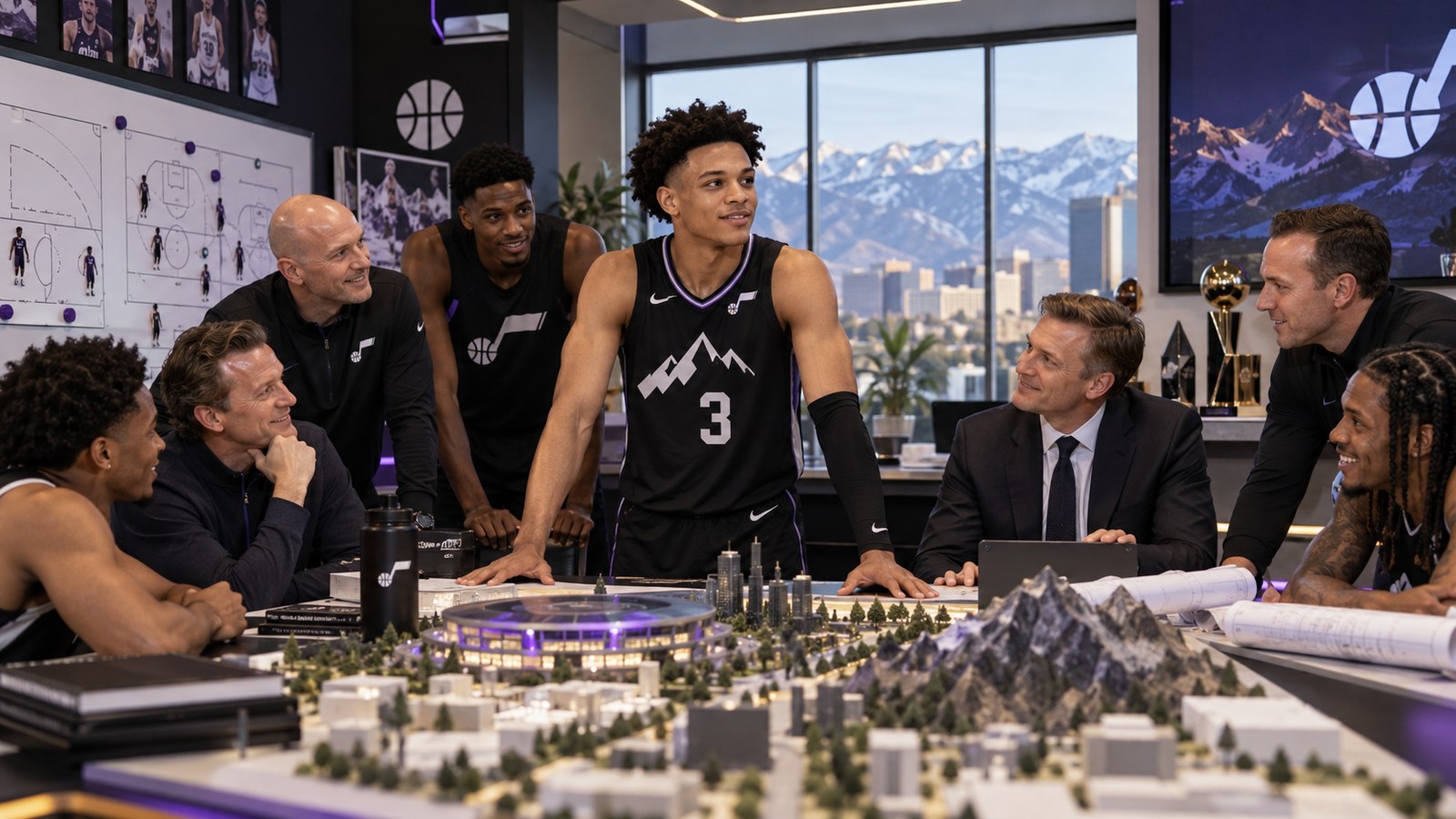 Satirical editorial image of Utah basketball players and executives gathered around a miniature arena and mountain-themed strategy model.