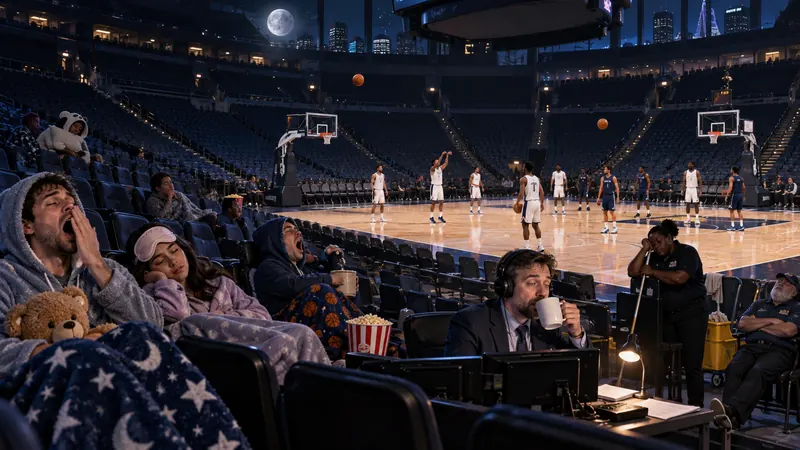 Satirical late-night arena image for a 2:17 a.m. Clippers-Wizards game.