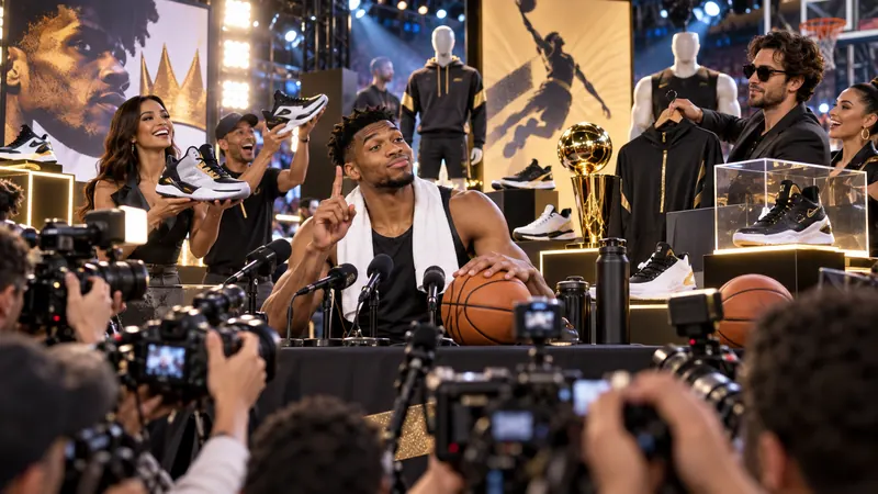 Satirical fictional basketball superstar at an extravagant product-launch press event while insisting the focus is only winning.