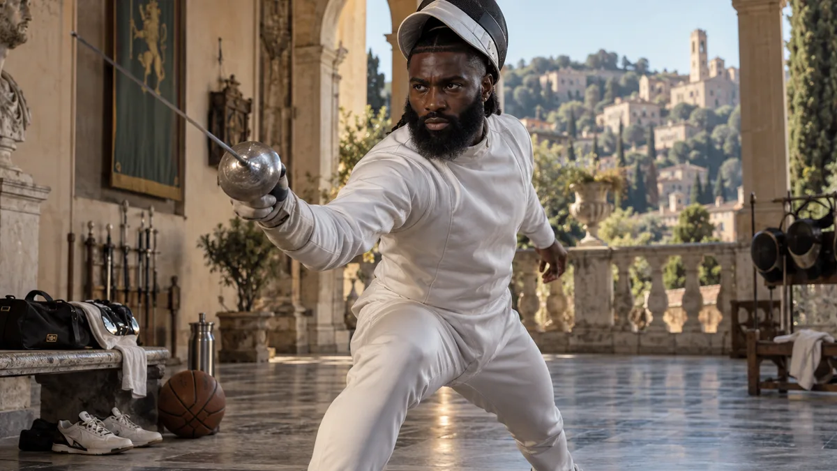 Satirical realistic image of Jaylen Brown-like basketball star practicing fencing in an Italian courtyard with basketball gear nearby.