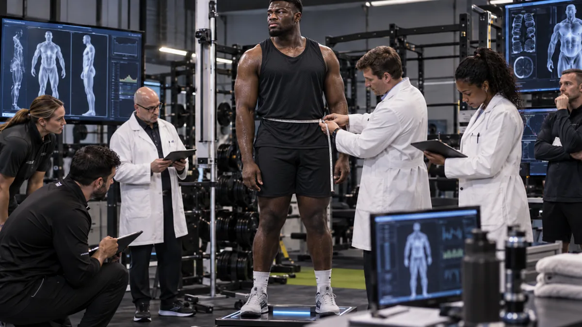 Satirical realistic image of a powerful basketball player undergoing detailed body-composition testing in a high-tech performance laboratory.
