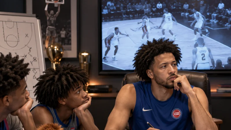Satirical editorial image of Detroit basketball players studying film in a meeting room filled with toys, notebooks and youth-development props.