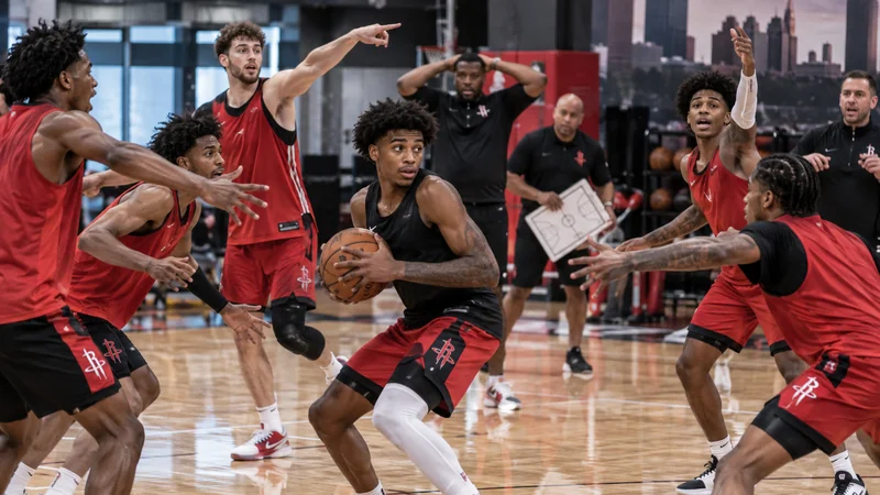 Satirical editorial image of a chaotic, highly physical Houston basketball scrimmage with players crowding the ball and coaches reacting.