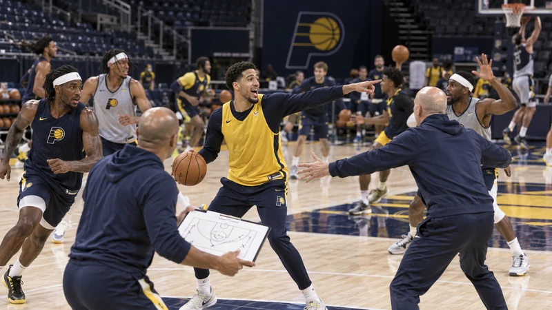 Satirical editorial image of an extremely fast and chaotic Indiana basketball practice with players and coaches pointing in every direction.
