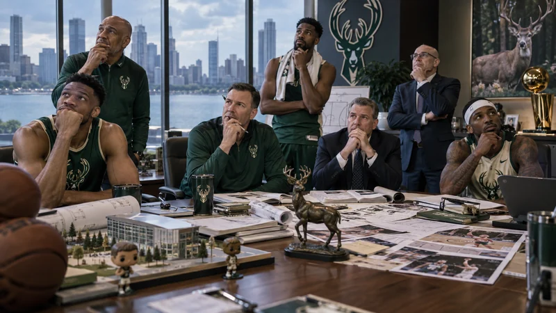 Satirical editorial image of Milwaukee basketball staff and players staring at a complicated war-room table while trying to solve a roster equation.