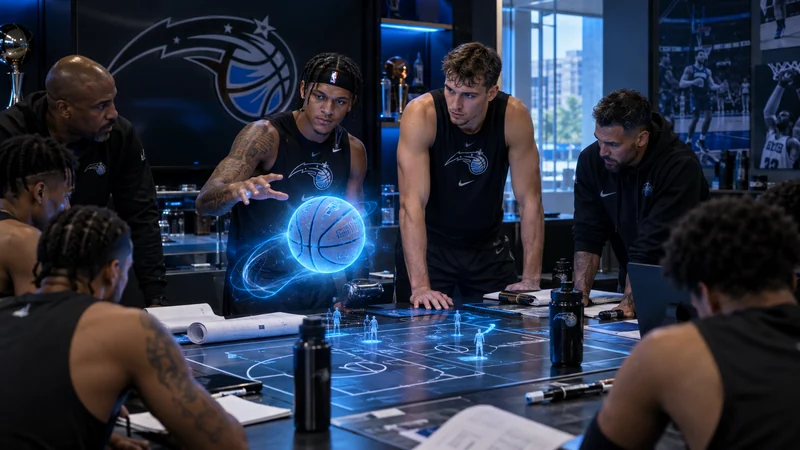 Satirical editorial image of Orlando basketball players using a futuristic holographic basketball and digital court to design an offense.