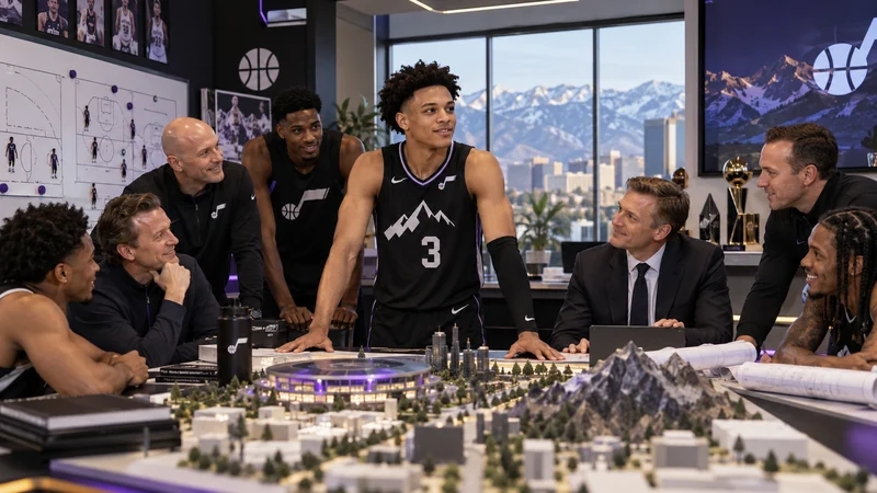 Satirical editorial image of Utah basketball players and executives gathered around a miniature arena and mountain-themed strategy model.