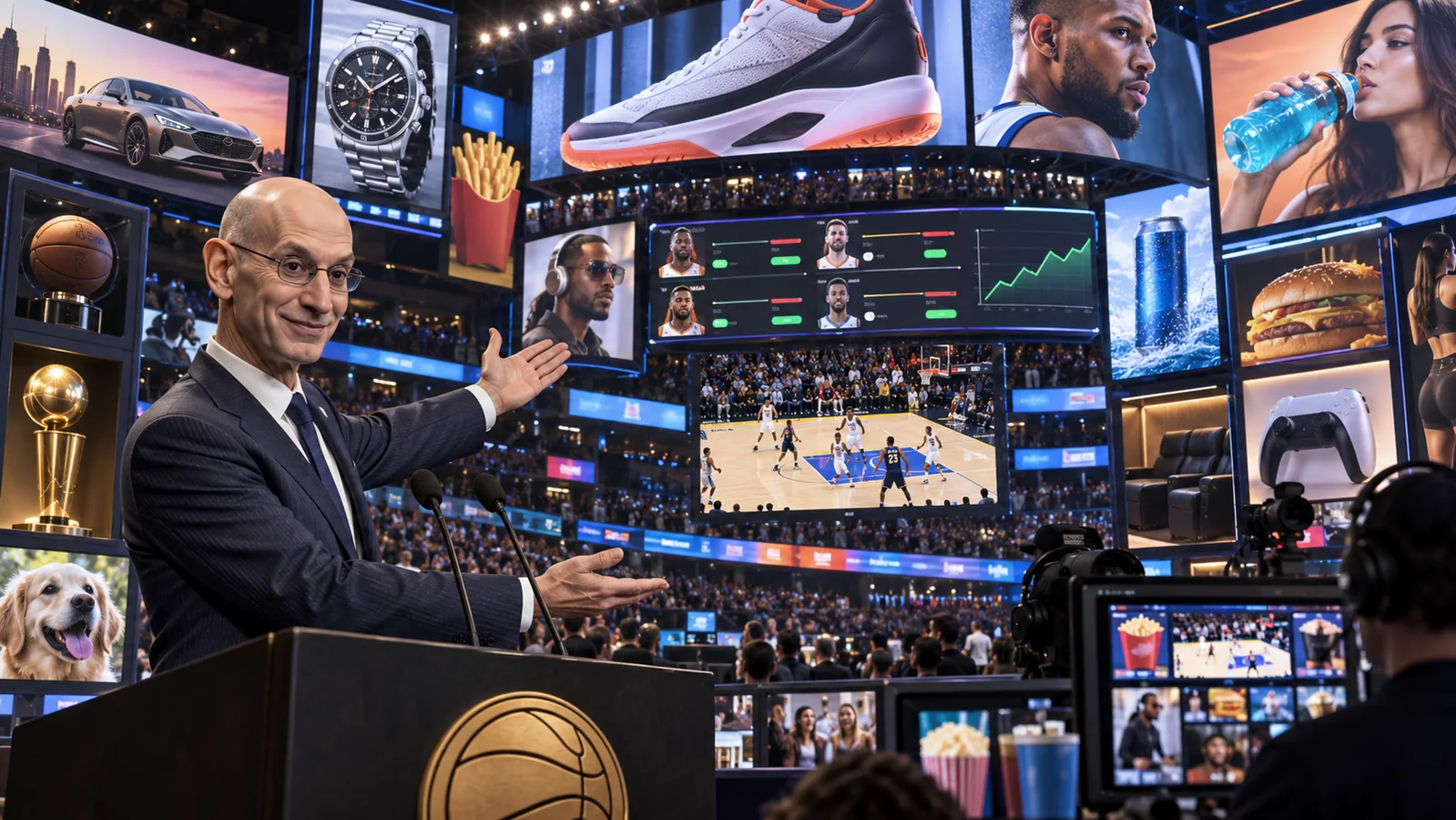 Satirical photorealistic image of a basketball commissioner presenting an arena broadcast overwhelmed by generic advertising and sponsorship screens.