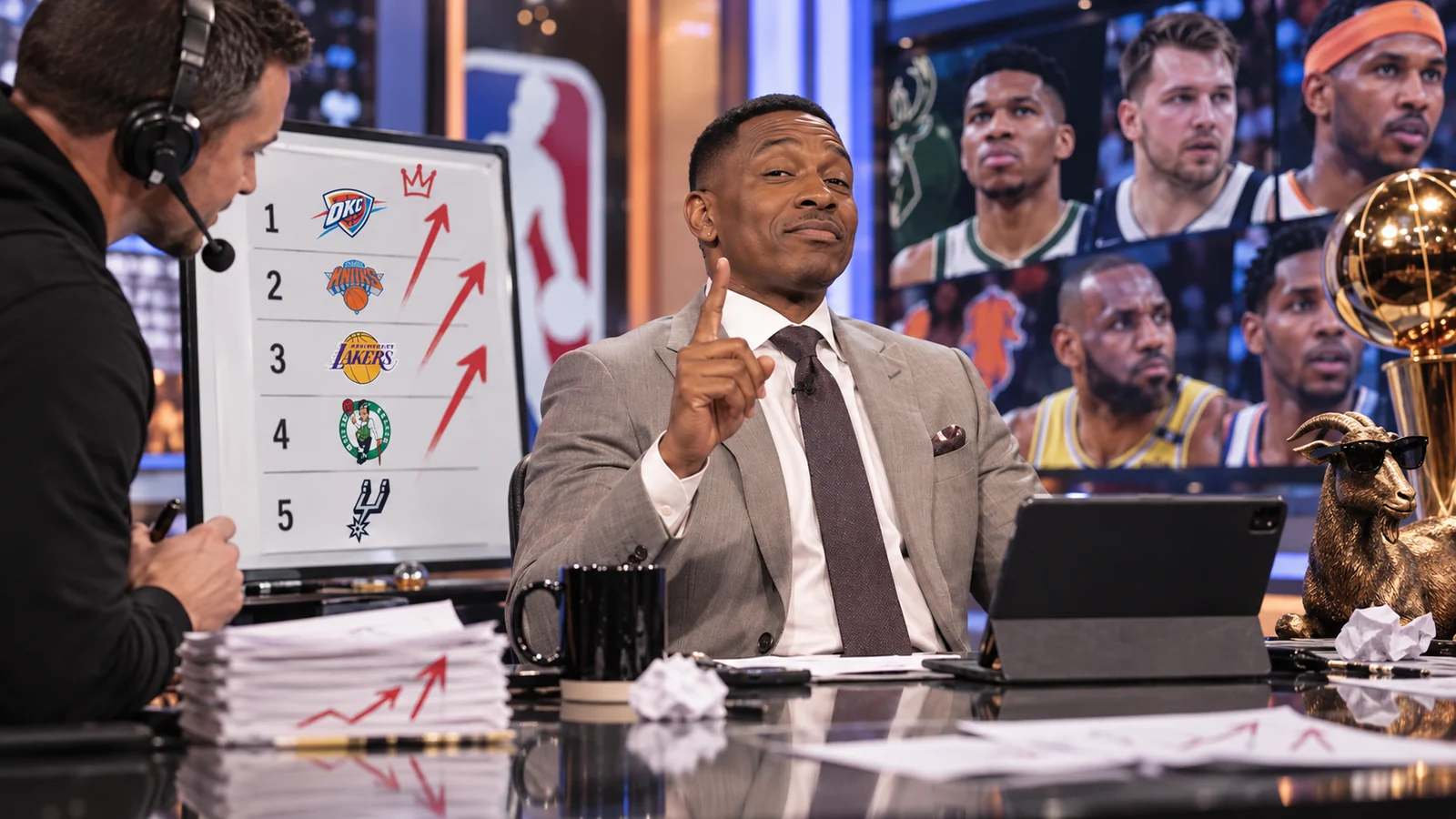 Satirical photorealistic NBA studio analyst confidently presenting offseason power rankings and predictions with charts and basketball graphics behind him.