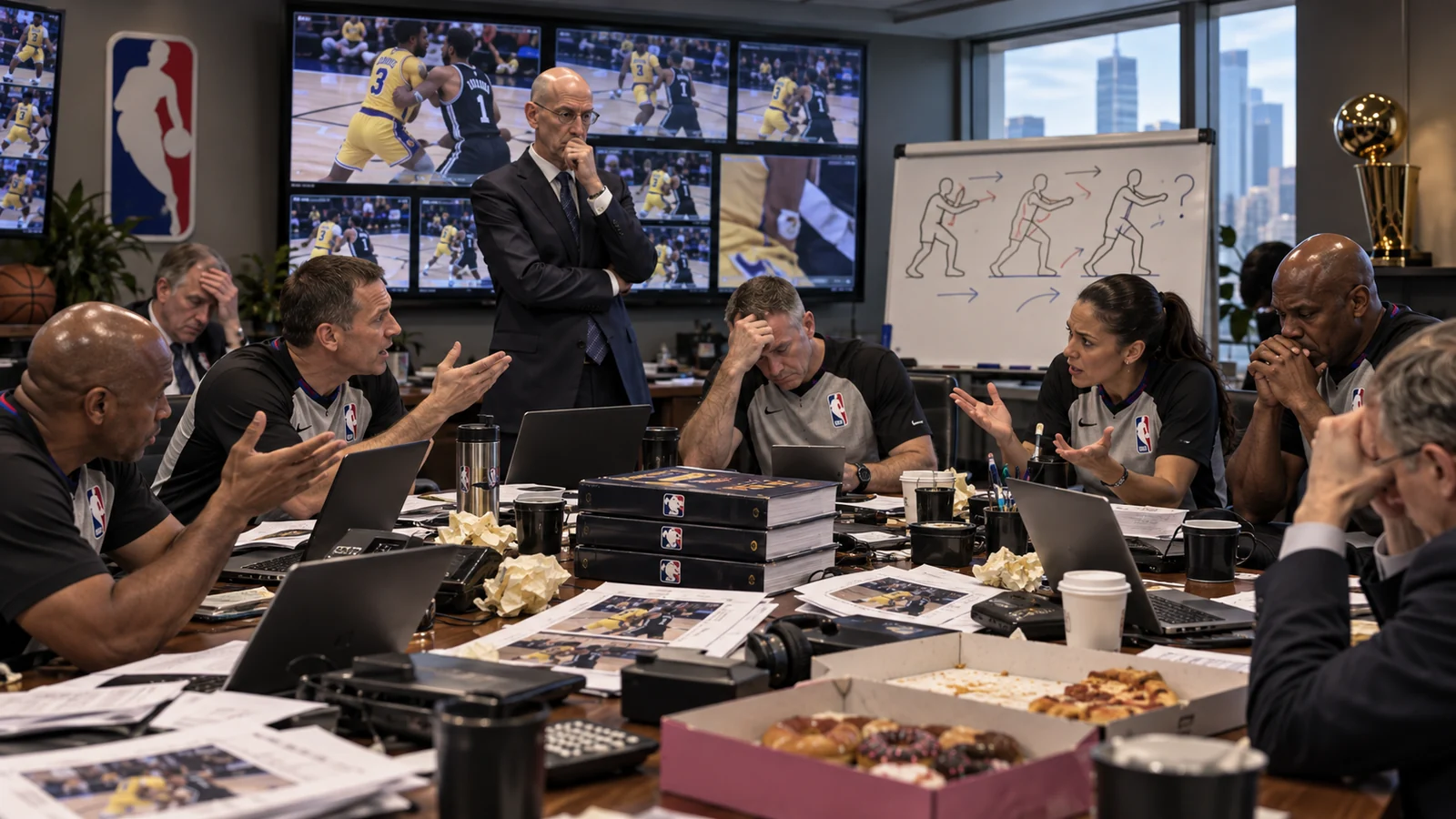 Satirical photorealistic NBA rules committee meeting with exhausted officials, replay screens, diagrams, thick rulebooks, coffee and arguments over marginal contact.