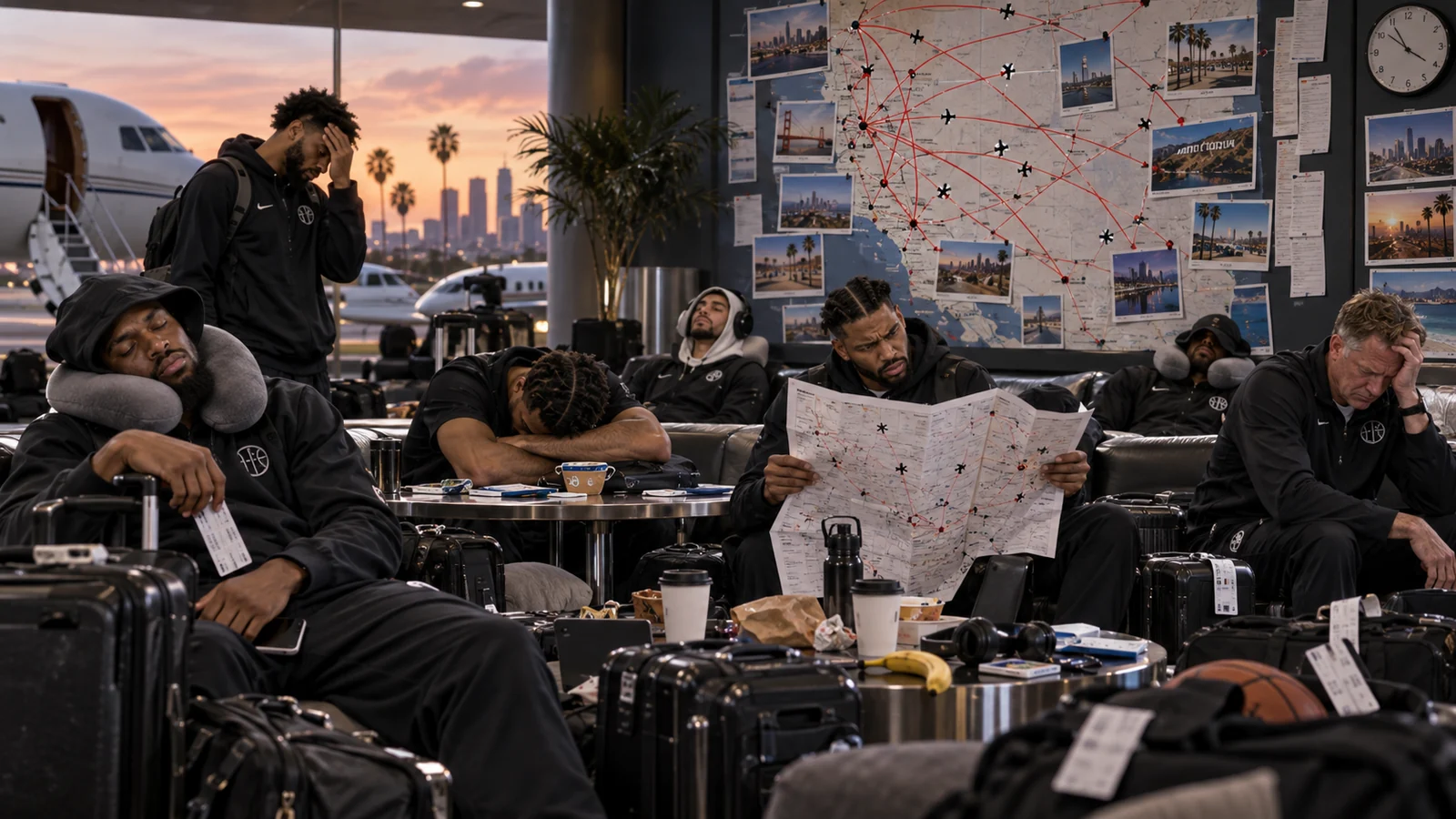 Satirical photorealistic image of an exhausted professional basketball team stranded in an airport lounge during an absurdly long West Coast road trip.