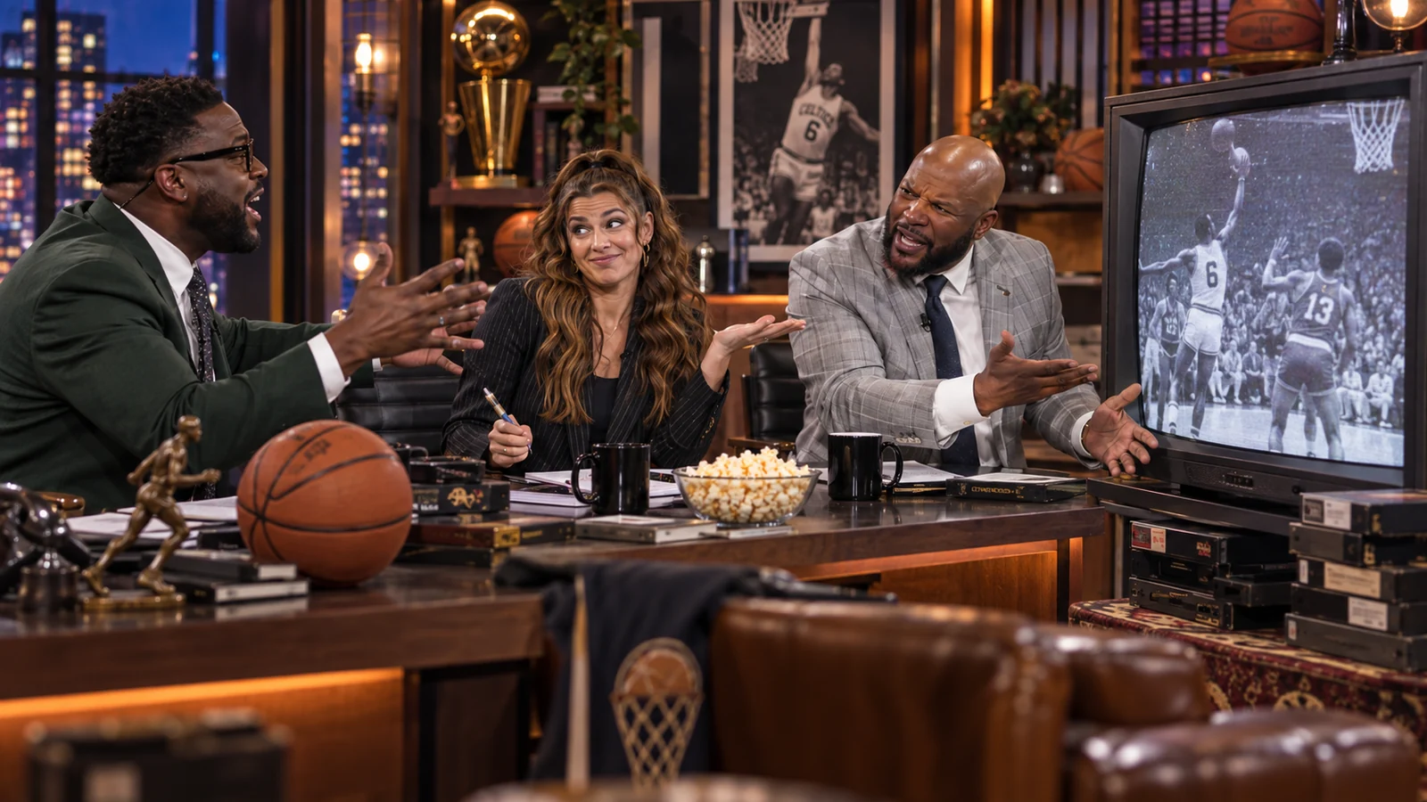 Satirical photorealistic basketball studio show debating old-era basketball while analysts argue beside a square CRT television showing vintage game footage.