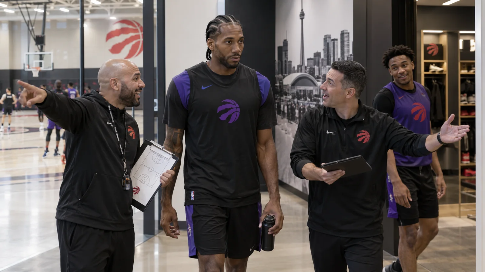 Satirical Raptors practice-facility scene with Kawhi Leonard standing stoically while staff enthusiastically point out different areas of the building.