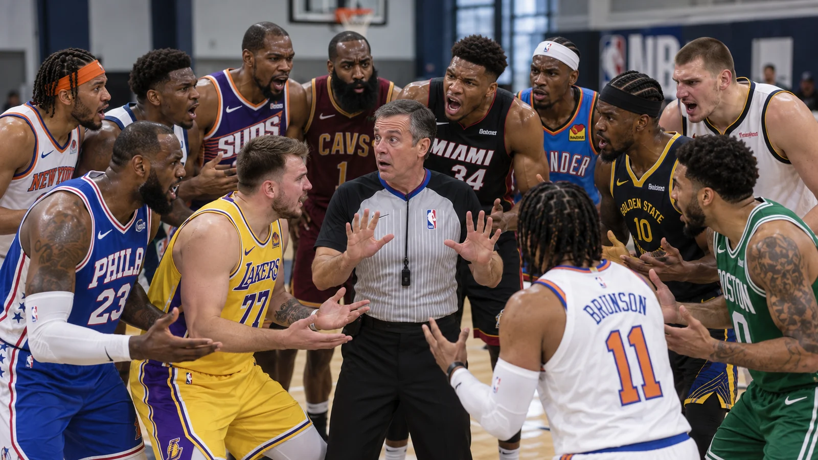 Satirical photorealistic referee training drill with twelve star basketball players in different team uniforms surrounding one overwhelmed official and arguing at the same time.