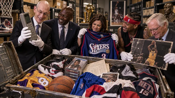 Satirical photorealistic basketball archive scene with officials opening a 2001 time capsule filled with retro jerseys, sneakers, photos, a basketball and an enormous old cell phone.