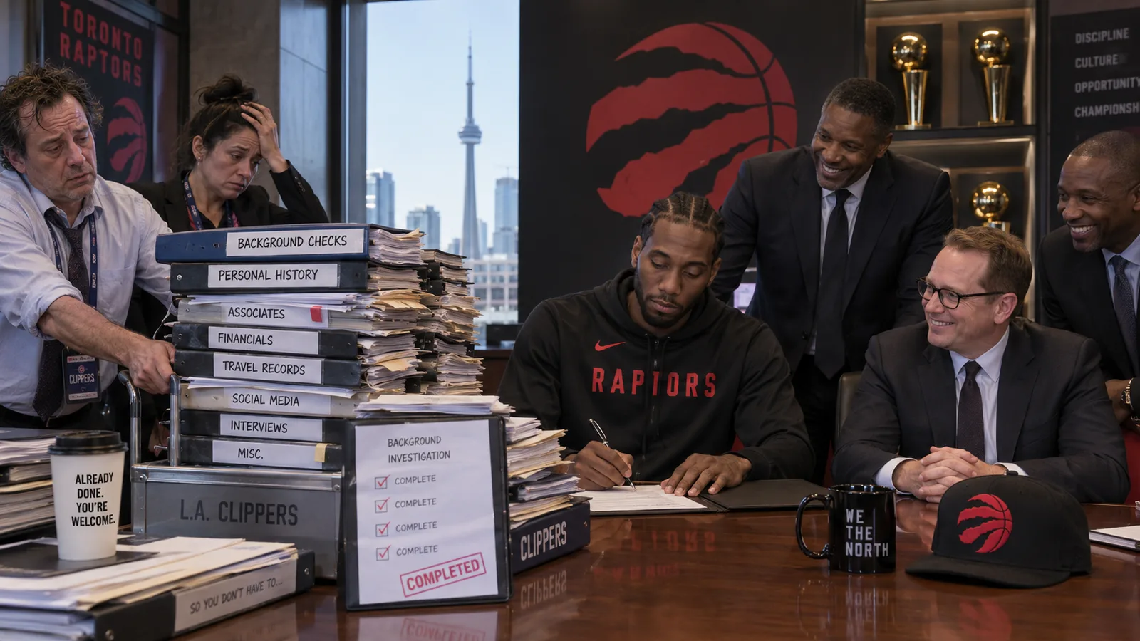 Satirical Raptors contract-signing scene with Kawhi Leonard at the table, relaxed Toronto executives and exhausted Clippers staff delivering a huge stack of completed background-check files.