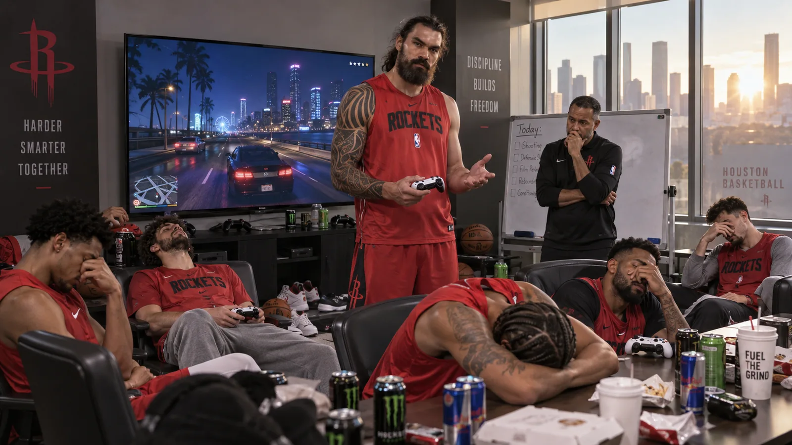 Satirical Rockets team-room scene with Steven Adams holding a game controller while exhausted players slump around a GTA-style driving game and a coach stares at the whiteboard.