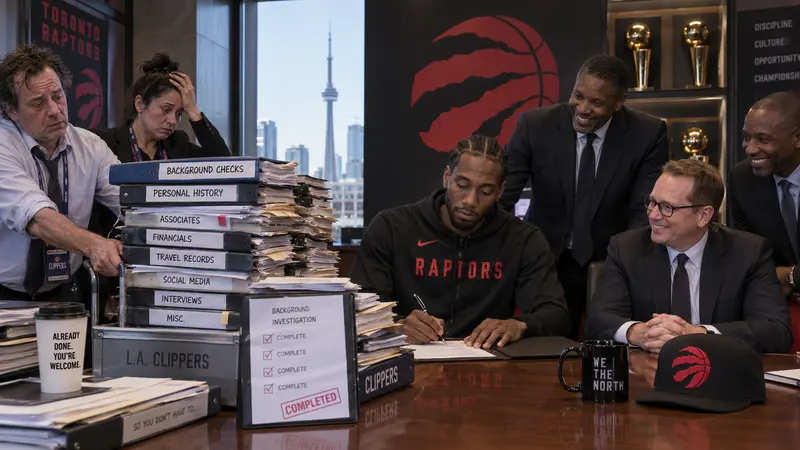Satirical Raptors contract-signing scene with Kawhi Leonard at the table, relaxed Toronto executives and exhausted Clippers staff delivering a huge stack of completed background-check files.