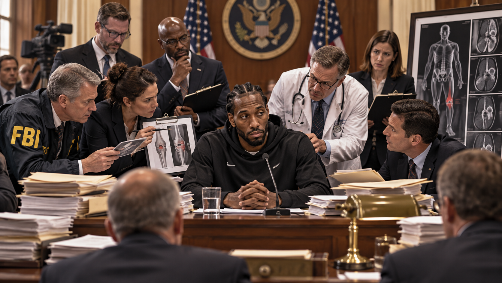 Satirical government hearing scene investigating Kawhi Leonard with officials, doctors, and federal paperwork.