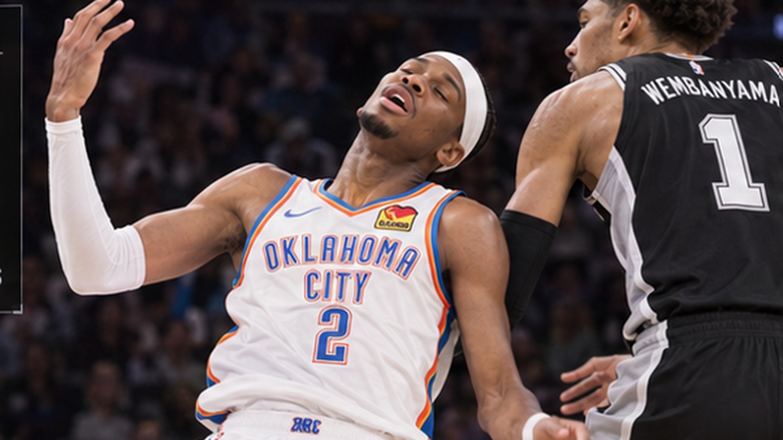 Satirical basketball image of Shai Gilgeous-Alexander reacting to contact during a shot attempt.
