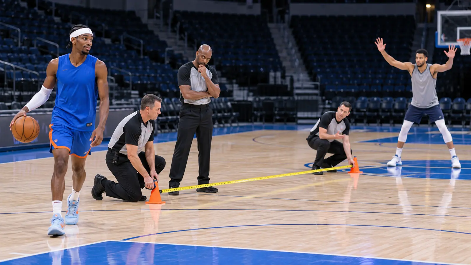 Photorealistic satire of Shai Gilgeous-Alexander on a basketball court as officials measure the distance to a defender with a tape measure.