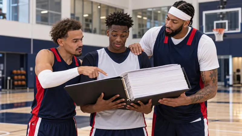 Photorealistic satire of Trae Young and Anthony Davis presenting rookie AJ Dybantsa with an oversized blank survival-guide binder.