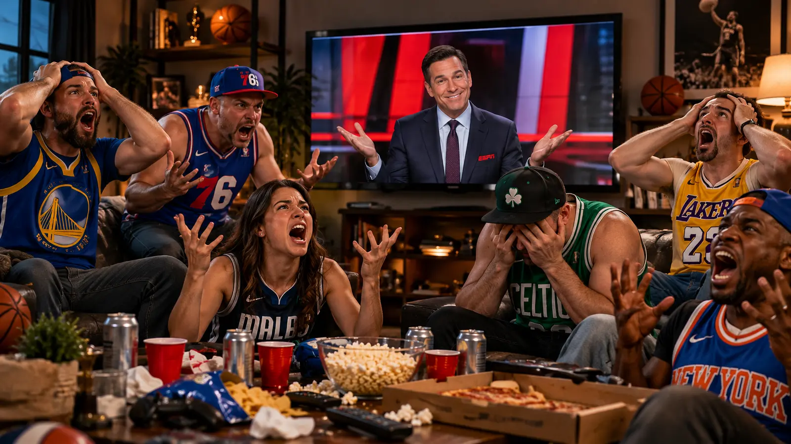 Satirical scene of angry NBA fans in different team jerseys reacting to a smiling sports television anchor in their living room.