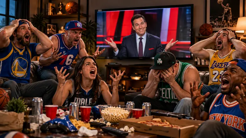 Satirical scene of angry NBA fans in different team jerseys reacting to a smiling sports television anchor in their living room.