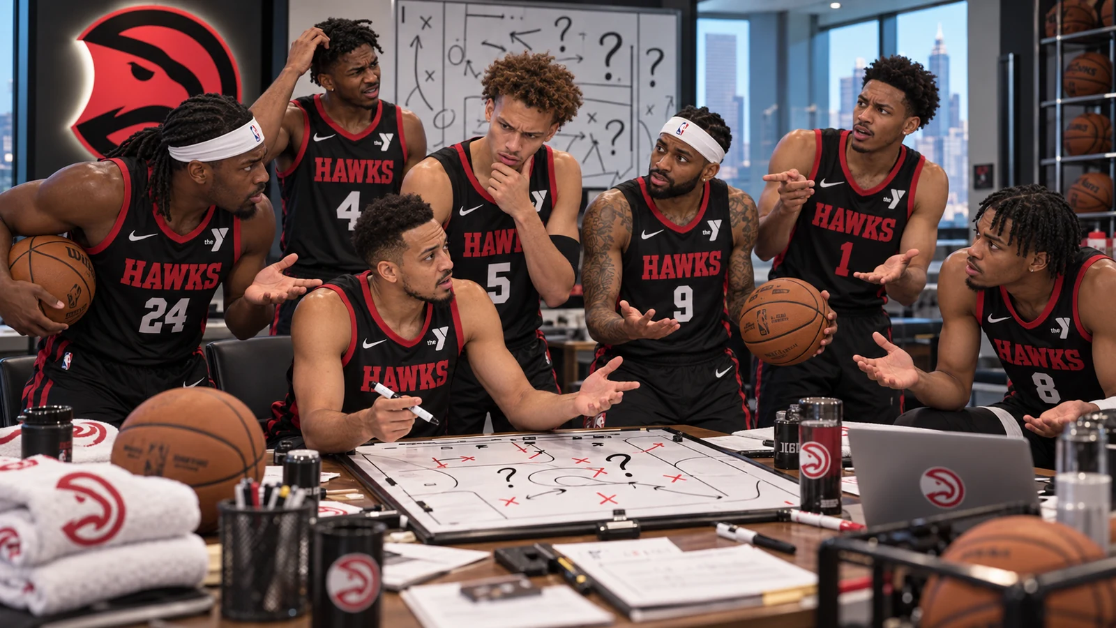 Satirical editorial image of current Atlanta Hawks guards crowding around an overloaded backcourt depth chart during a confused strategy meeting.