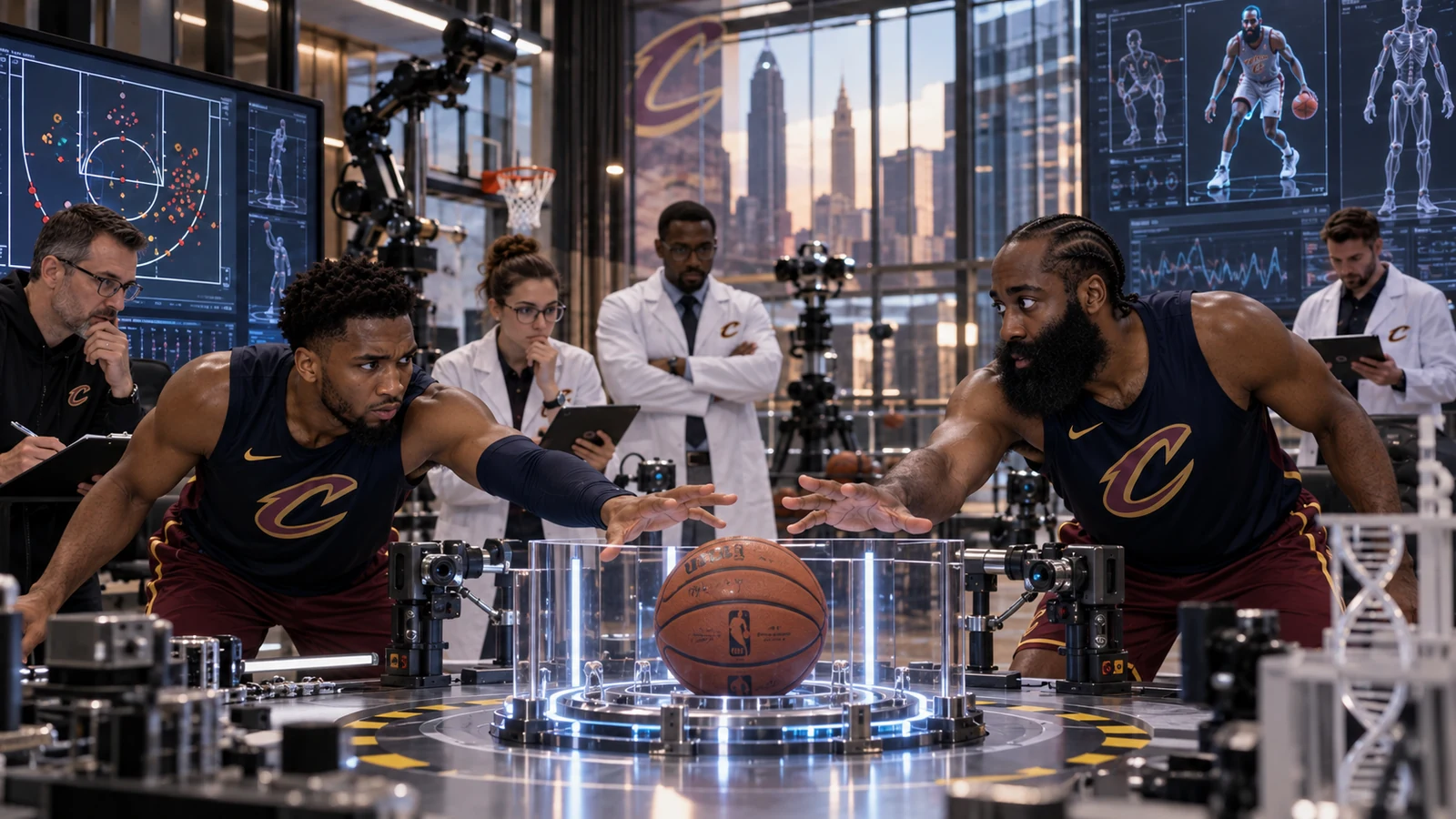 Satirical editorial image of Donovan Mitchell and current Cavaliers guard James Harden, at right, analyzing one basketball in a futuristic Cleveland performance lab.