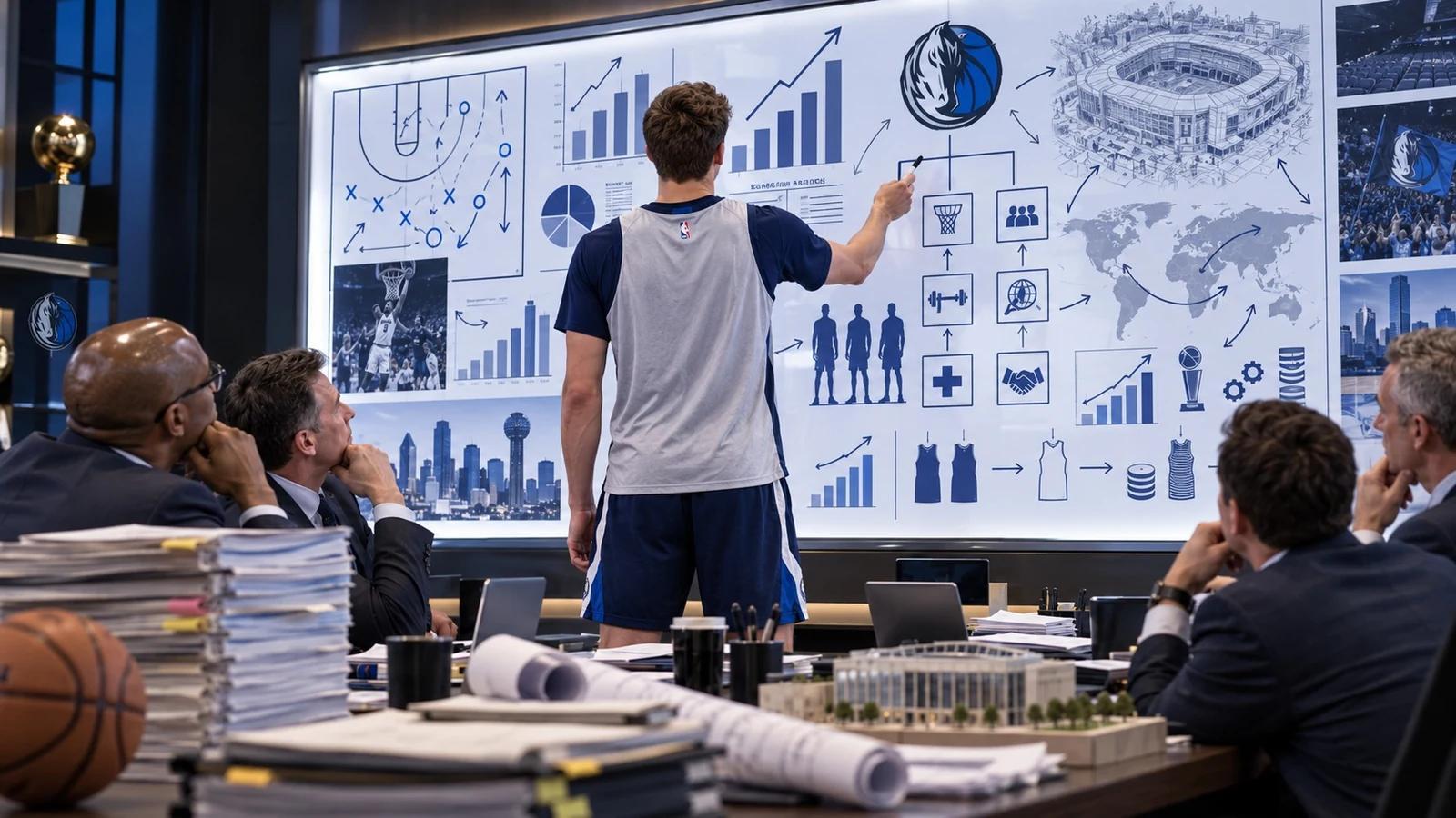 Satirical editorial image of Cooper Flagg from behind in a Dallas strategy room, studying projections while executives expect him to fix the franchise.