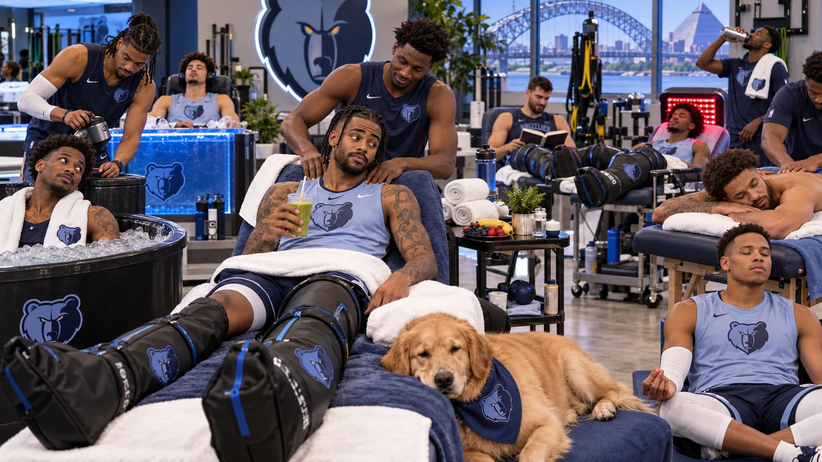 Satirical editorial image of current Memphis Grizzlies players relaxing in a team recovery room with compression boots, smoothies and a therapy dog.