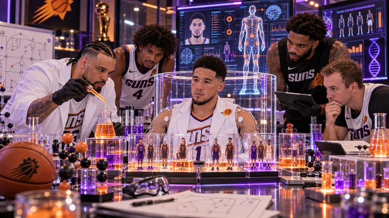 Satirical editorial image of Devin Booker in a Phoenix basketball laboratory surrounded only by current Suns teammates including Dillon Brooks and Jalen Green.