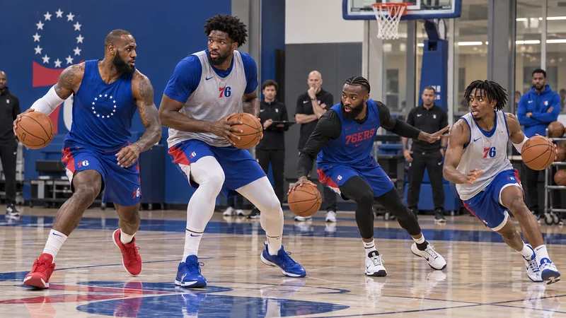 Satirical Philadelphia training-camp scene with LeBron James, Joel Embiid, Jaylen Brown and Tyrese Maxey each handling exactly one basketball.