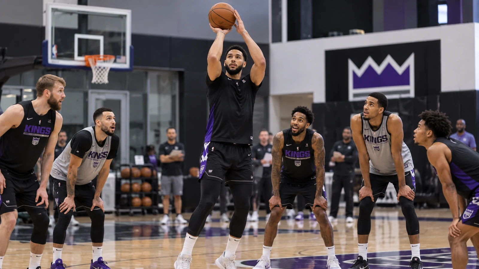 Satirical editorial image of Ben Simmons in a Sacramento Kings practice facility finally taking a shot while current Kings teammates react in disbelief.