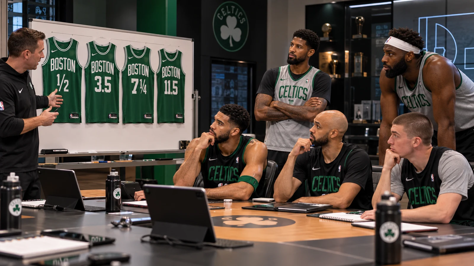 Satirical editorial image of current Boston Celtics players in a team meeting while staff present fraction-number jerseys like 1/2, 3.5, 7 1/4 and 11.5.
