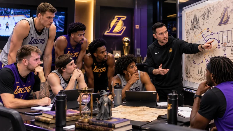 Satirical editorial image of JJ Redick leading a fantasy-style Lakers strategy huddle with current Lakers players only, including newer additions.