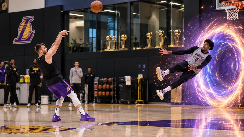 Satirical editorial image of Luka Dončić in his signature stepback pose wearing Lakers practice gear in the Lakers practice facility while a current Lakers defender is launched into next season.