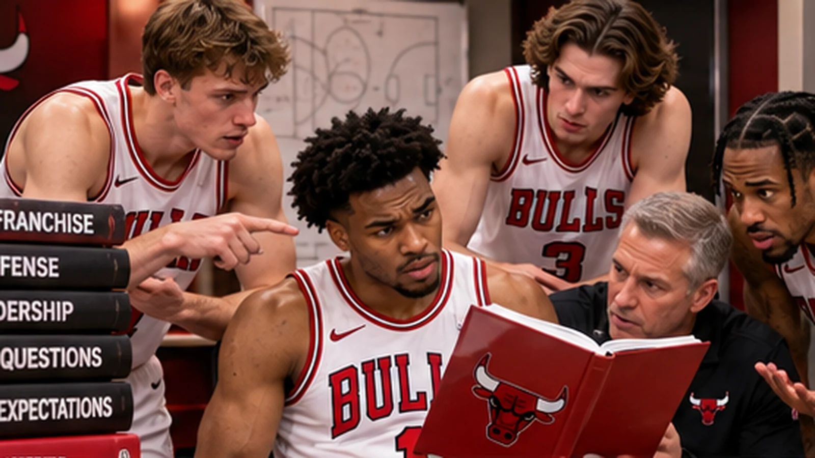 Satirical Bulls scene showing rookie Caleb Wilson surrounded by teammates and staff while an overwhelming stack of franchise expectations is placed in front of him.