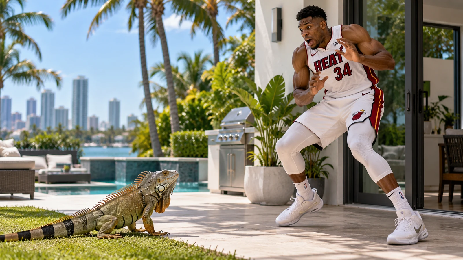 Satirical Miami backyard scene showing Giannis Antetokounmpo in Heat No. 34 recoiling from a large iguana beside a swimming pool.