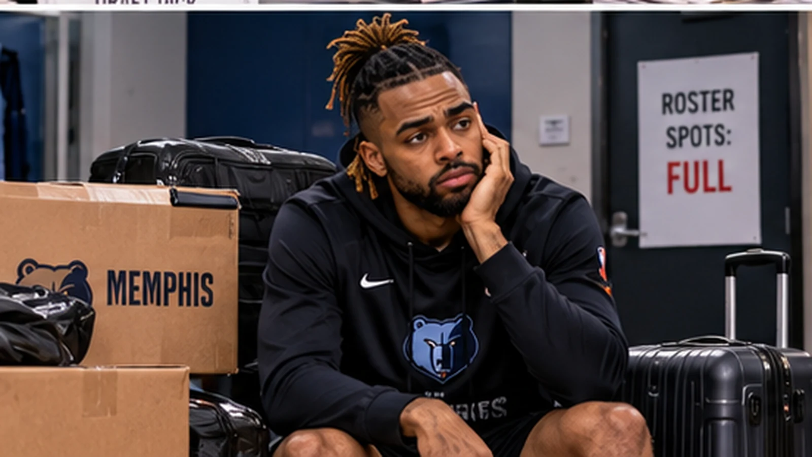 Satirical Memphis locker-room scene showing a recently waived veteran guard sitting among packed boxes and luggage while roster spots remain full.