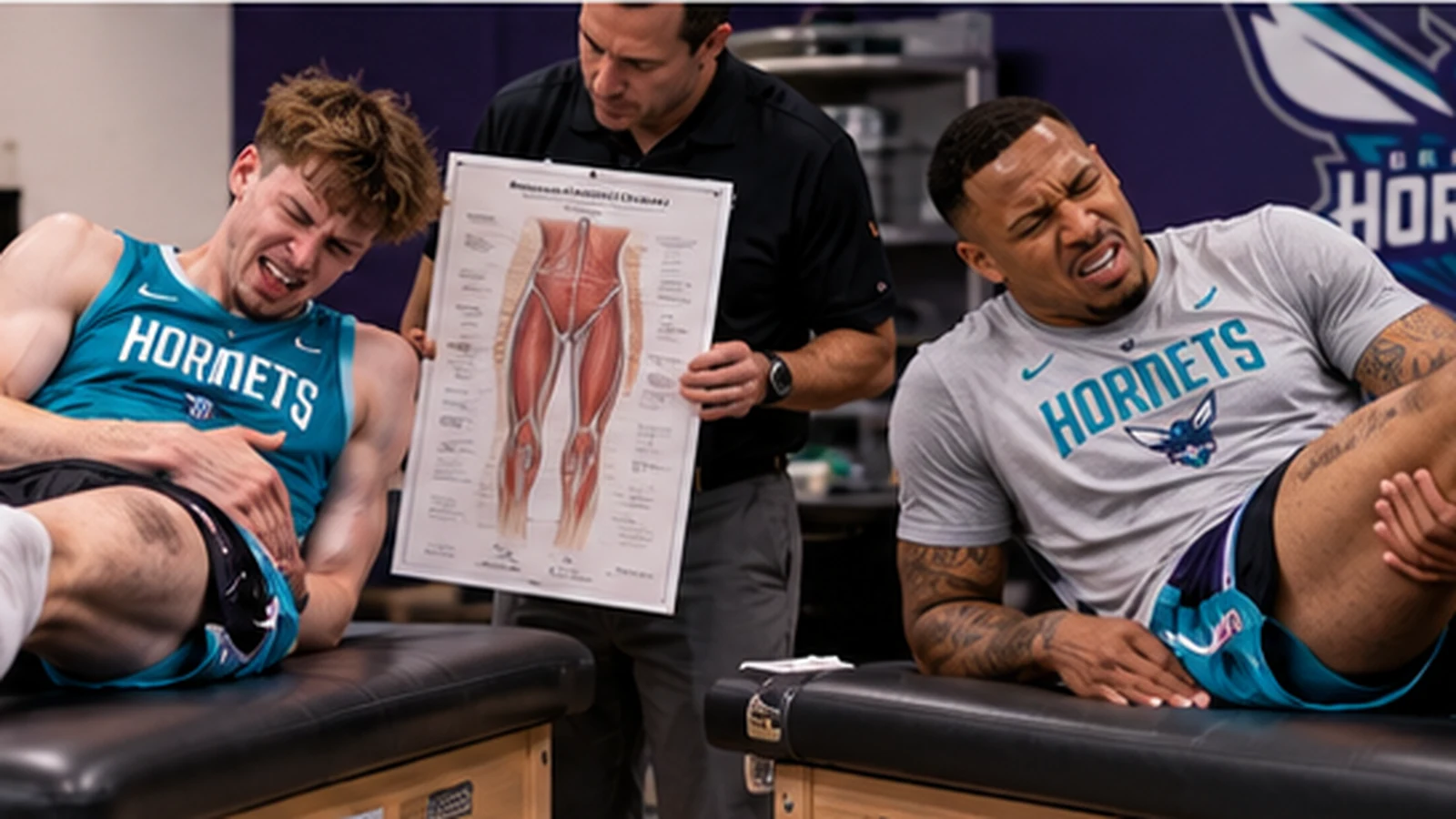 Satirical Hornets training-room scene with Kon Knueppel and Grant Williams receiving matching hamstring examinations.