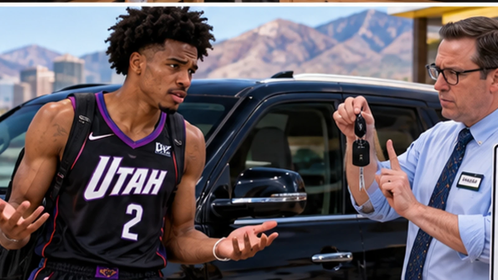 Satirical Utah scene showing rookie Darryn Peterson being trusted with the franchise rebuild while a rental-car employee refuses to hand him vehicle keys.